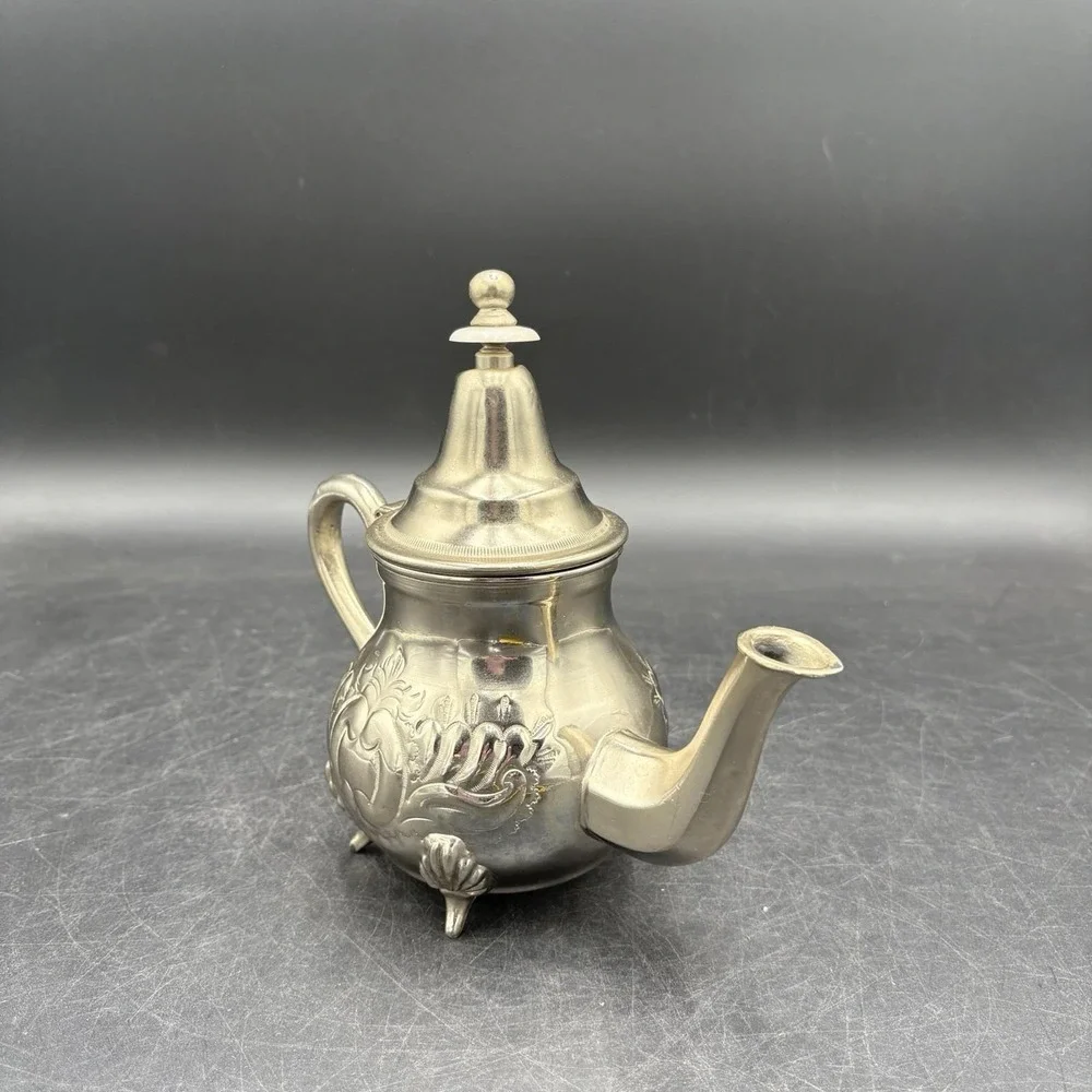 Vtg Moroccan HandMade Silverplate Footed Ornate Teapot Theirr Sidi Abderahmine